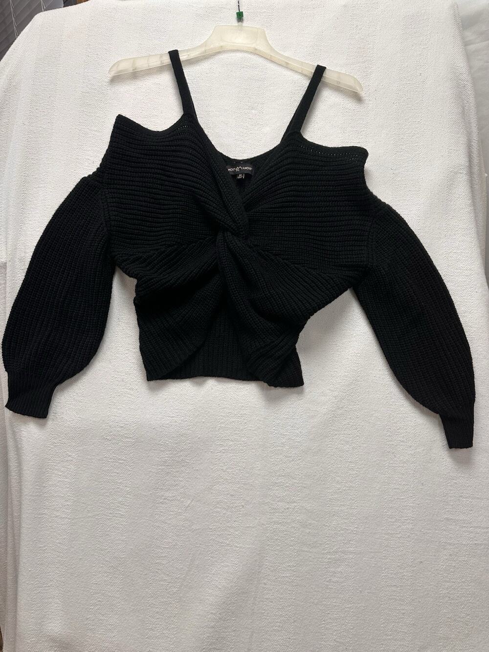 Women's Almost Famous Off-the-shoulder crop Black Sweater with knot Size M Goth